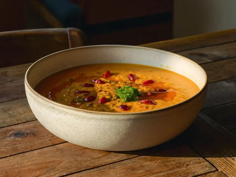 Vellutata di zucca e lenticchie rosse in ciotola, con olio e prezzemolo