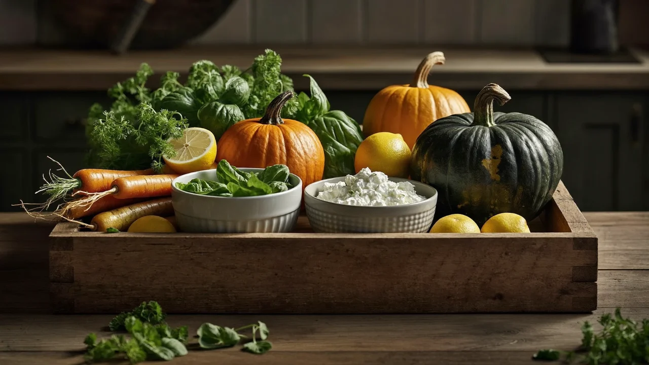 Cassetta di ingredienti freschi di stagione sul piano della cucina